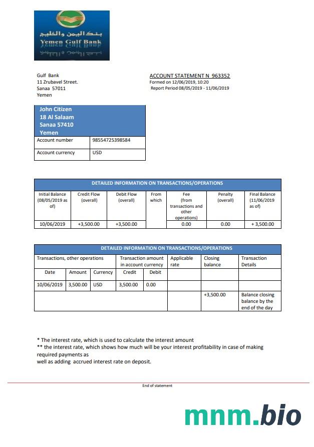 Jemen Gulf Bank szablon w formacie excel pdf